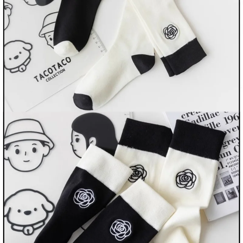 JK Fashion czarne białe kontrastowe haftowane podkolanówki modne panele wyszczuplające japoński styl szkolny Kawaii skarpetki dla kobiet