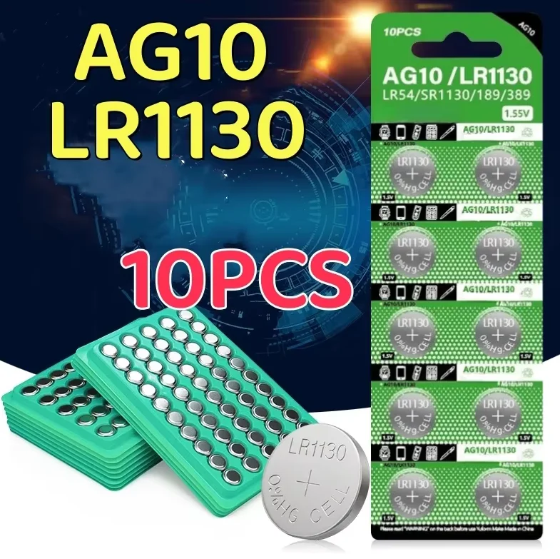 2024 10PCS AG10 LR54 Cell Coin 1.55V SR54 389 189 LR1130 SR1130 Alkaline Button Batteries for Watch Toys Remote