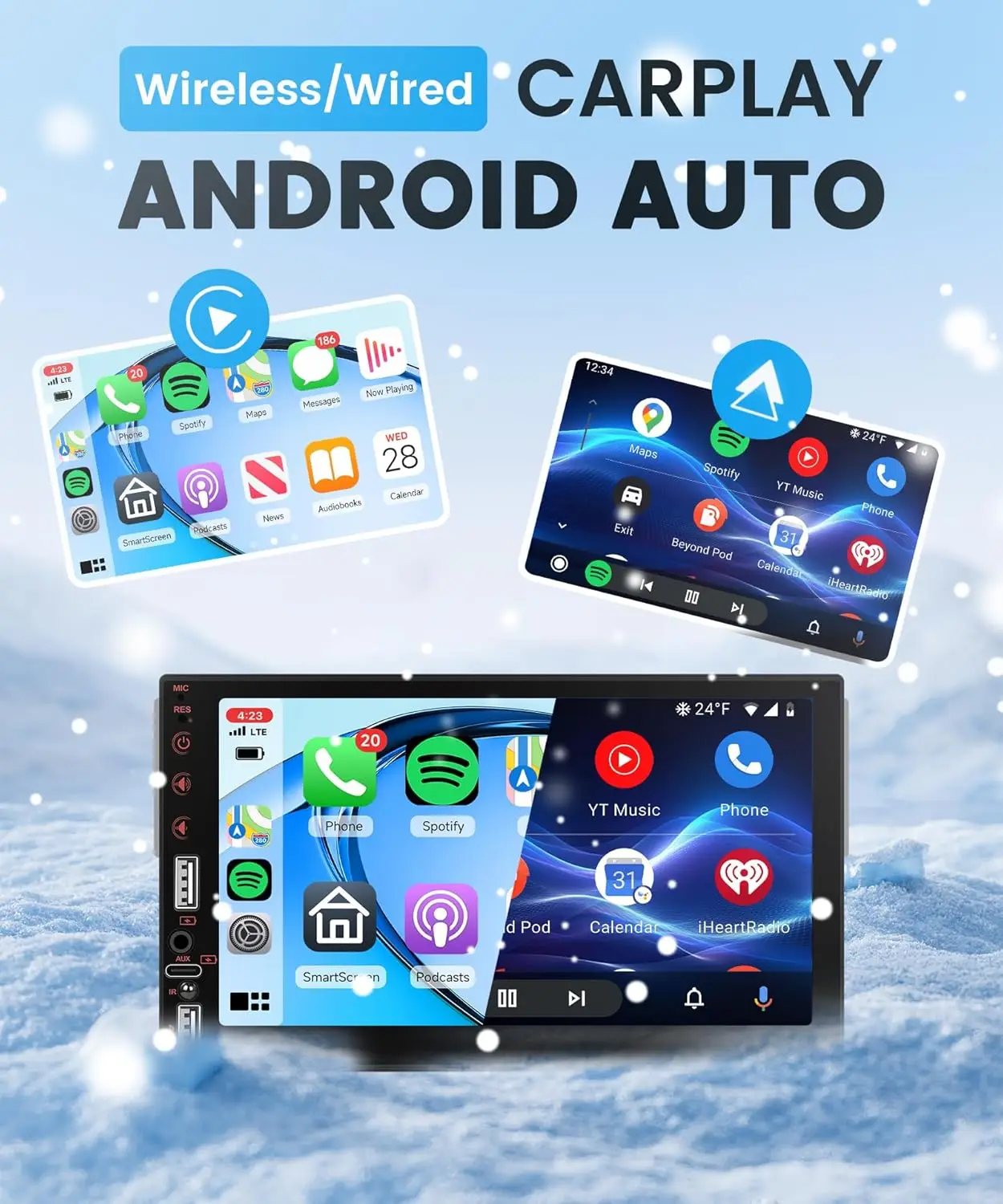 Estéreo para automóvil de 7' con CarPlay inalámbrico y Android Auto, Bluetooth, YouTube, FM, tipo C, USB, cámara de respaldo