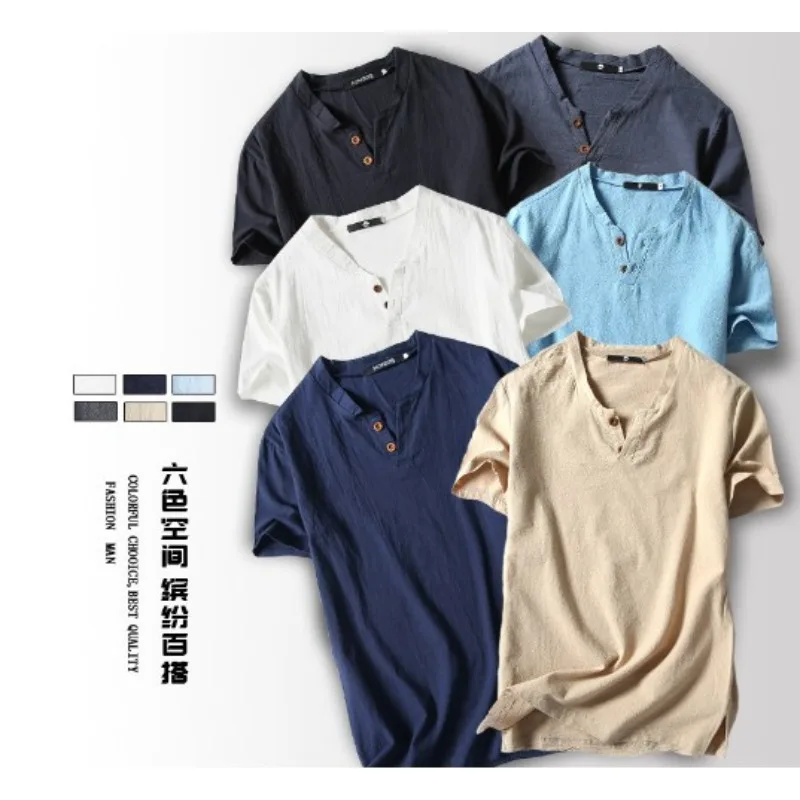 Summer New Japanese Linen Short-sleeved T-shirt Men's Cotton And Linen Half-sleeved Solid Color Large Size Two-button T-shirt