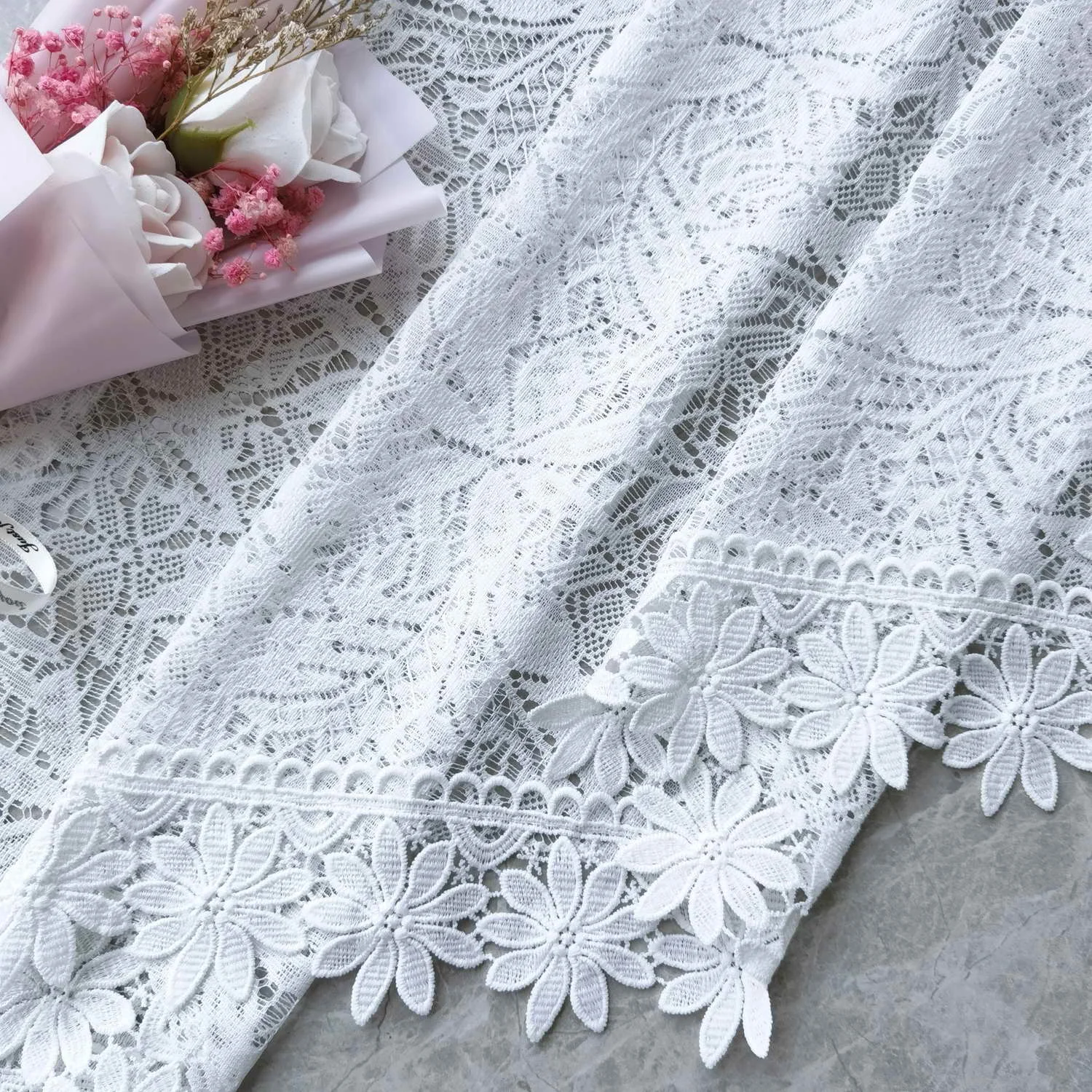 1PC Romantic Hollow Lace Short Curtain for Kitchen White Sheer Drape Cabinet Dustproof Study Special Rod #E 5