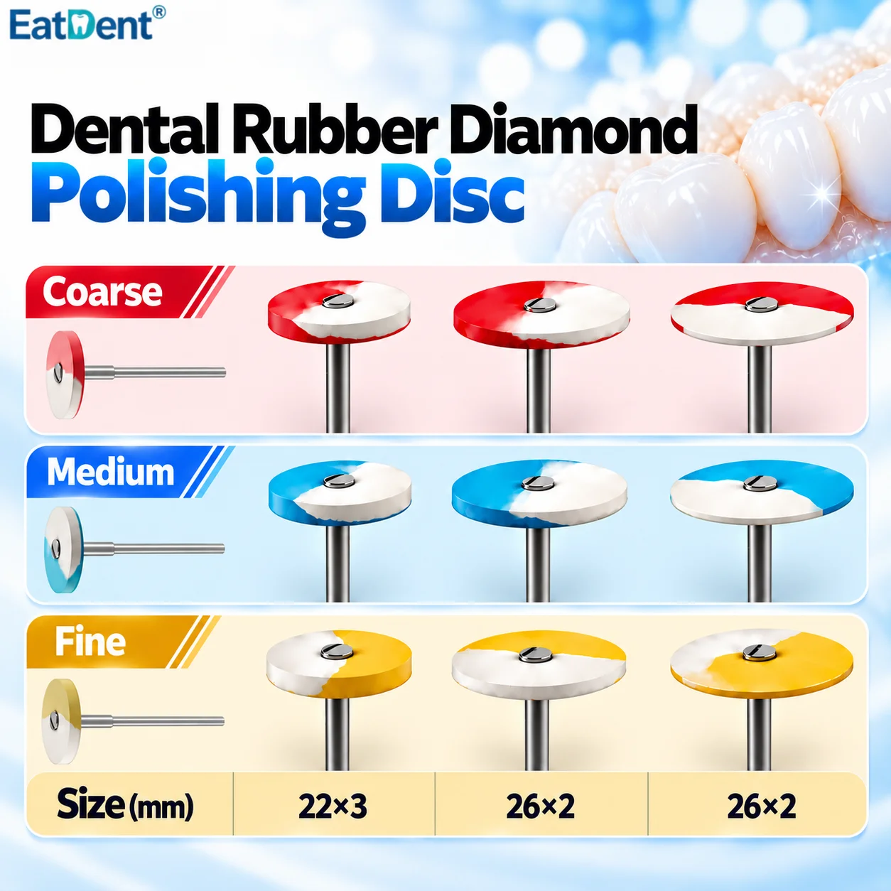 Dental Rubber Diamond Polishing Disc 3 Grits 3 Sizes Dual-Color for Zirconia Porcelain All-Ceramic 2.35mm HP Shank Grinding Head