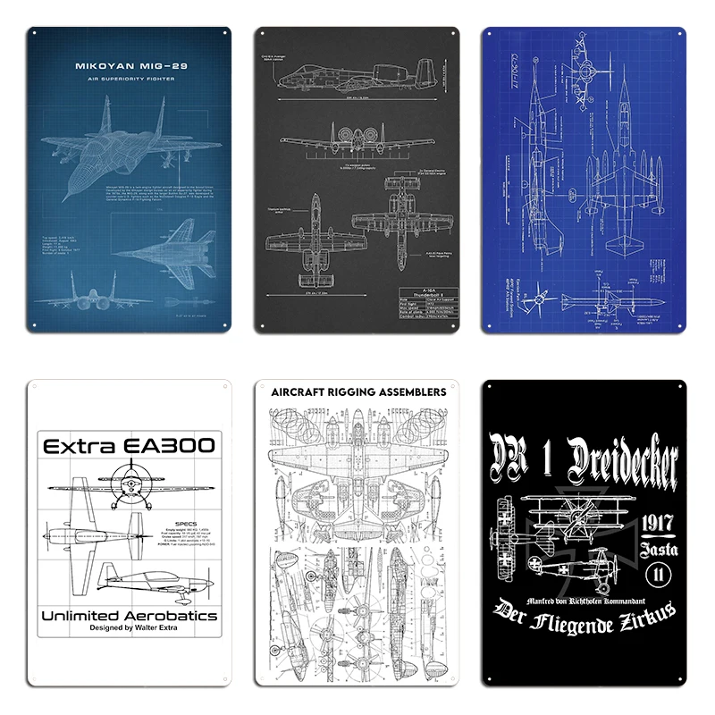 Mikoyan Mig29 Fairchild A-10 Thunderbolt II F-104 and AIM-7 Sparrow Blueprint Metal Mural Pub Designer Wall Cave Tin Sign Poster