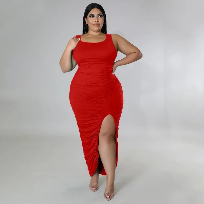 

GUWU плюс размер женское длинное платье макси без рукавов с высоким разрезом по бокам и круглым вырезом летнее облегающее платье с открытой спиной сексуальные вечерние платья-майки