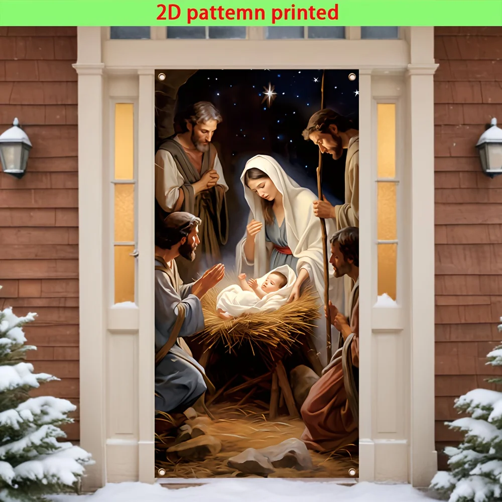 A Christmas party door cover banner with window coverings featuring a starry sky horse trough and Jesus' birth pattern design