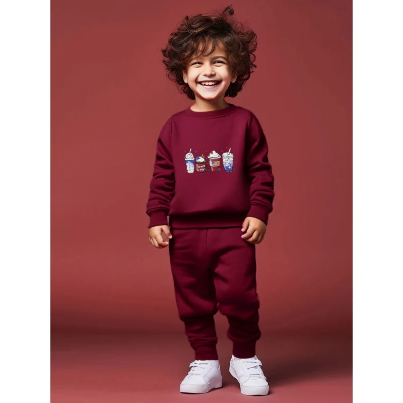 Boys round neck long sleeved hoodie set, Independence Day cartoon ice cream drink, star print versatile pants two-piece set1855A