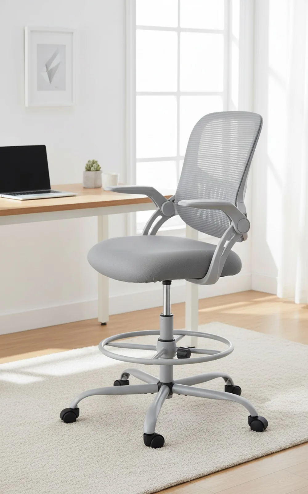 

Регулируемый стул для рисования на столе, эргономичный вращающийся офисный стул со средней спинкой и колесиками, серый