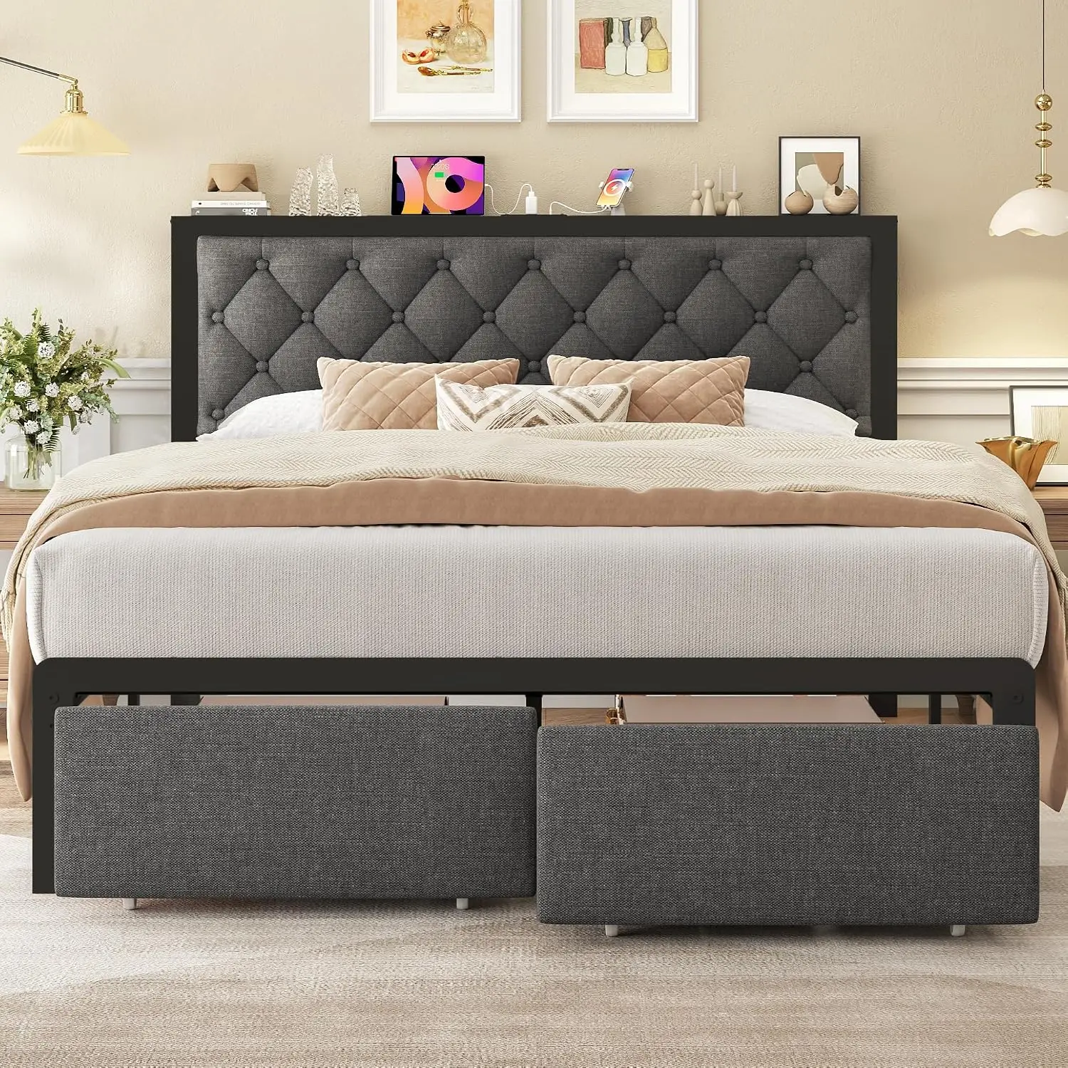 Queen Bed Frame with Storage Drawers & Charging Station, Tufted Headboard, Metal Structure, No Box Spring, Grey, Customized