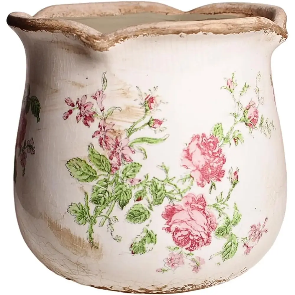 6.11 Inch Vintage Ceramic Planter with Drainage, Country Chic Decor for Spring Garden, Pink Rose Floral