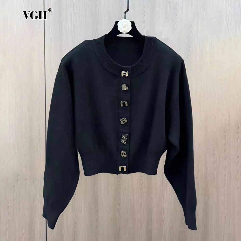 

VGH Solid Casaul Spliced Letter Button Jacket For Women O Neck Lantern Sleeve Slim Short Knitted Cardigan Coat Female Autumn New