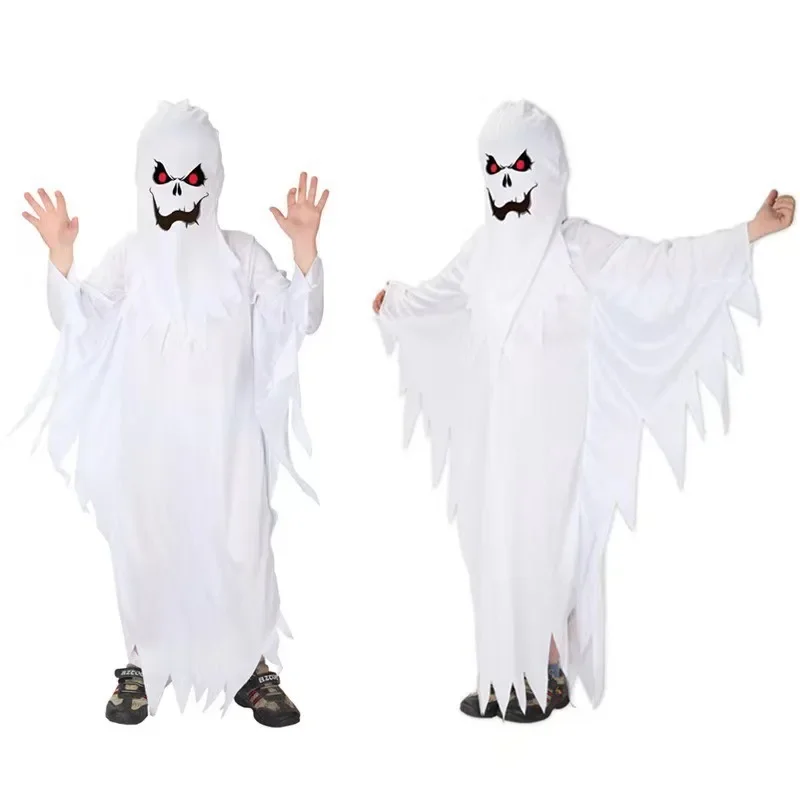 Capa de Cosplay de fantasma blanco aterrador para niño y niña, vestido elegante de fiesta para niños, capa de terror, disfraz de Carnaval mascarada