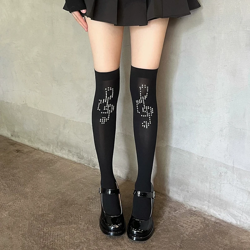 Women Black Rhinestone Thigh High Stockings 20D  Sheer Over Knee Socks Garter Style Stretch Hosiery for Party Suspender Tights