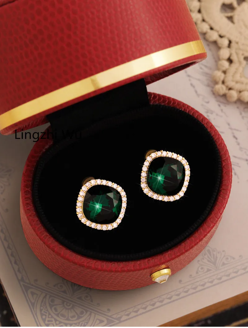 Lingzhi Wu Gem Green Earrings for Female, Elegant Luxury Full of Diamond Stud, Top Quality, New Arrival