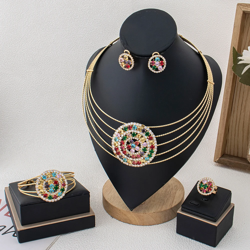 New Women Jewelry Set Colorful Classic Design  Necklace Earrings Bracelet Ring 4PCS Set Jewelry Wedding Party Gift Wholesale