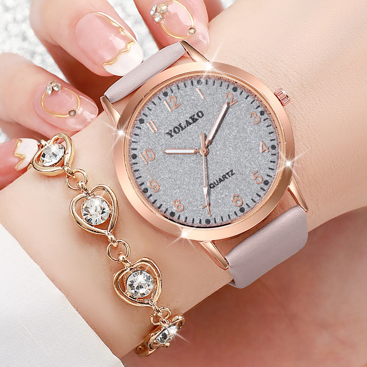 6PCS/Set Fashion Arabic Dial Women Watches Casual Leather Band Analog Quartz Watch Rhinestone Heart Jewelry Set（Without B