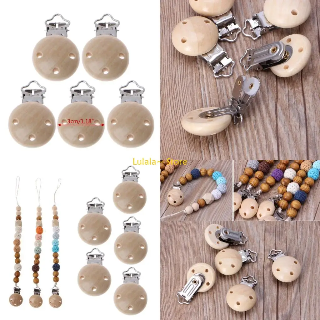 

Y4qa 5pcs округлый кружок фиктивной зажим для детского прорезывания зубов, держатель цепи, натуральный букиный деревянный клип,
