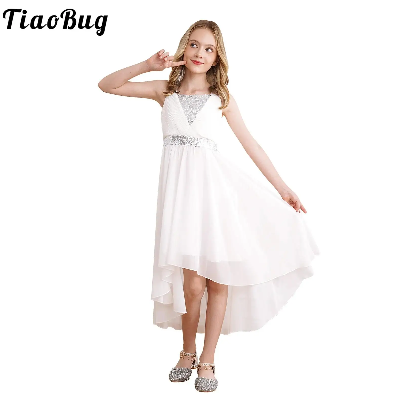 Kids Girls Evening Dresses Sleeveless Chest Sequins Behind Bow Tie Dress Sequin High Waist Irregular Hem Chiffon Skirt