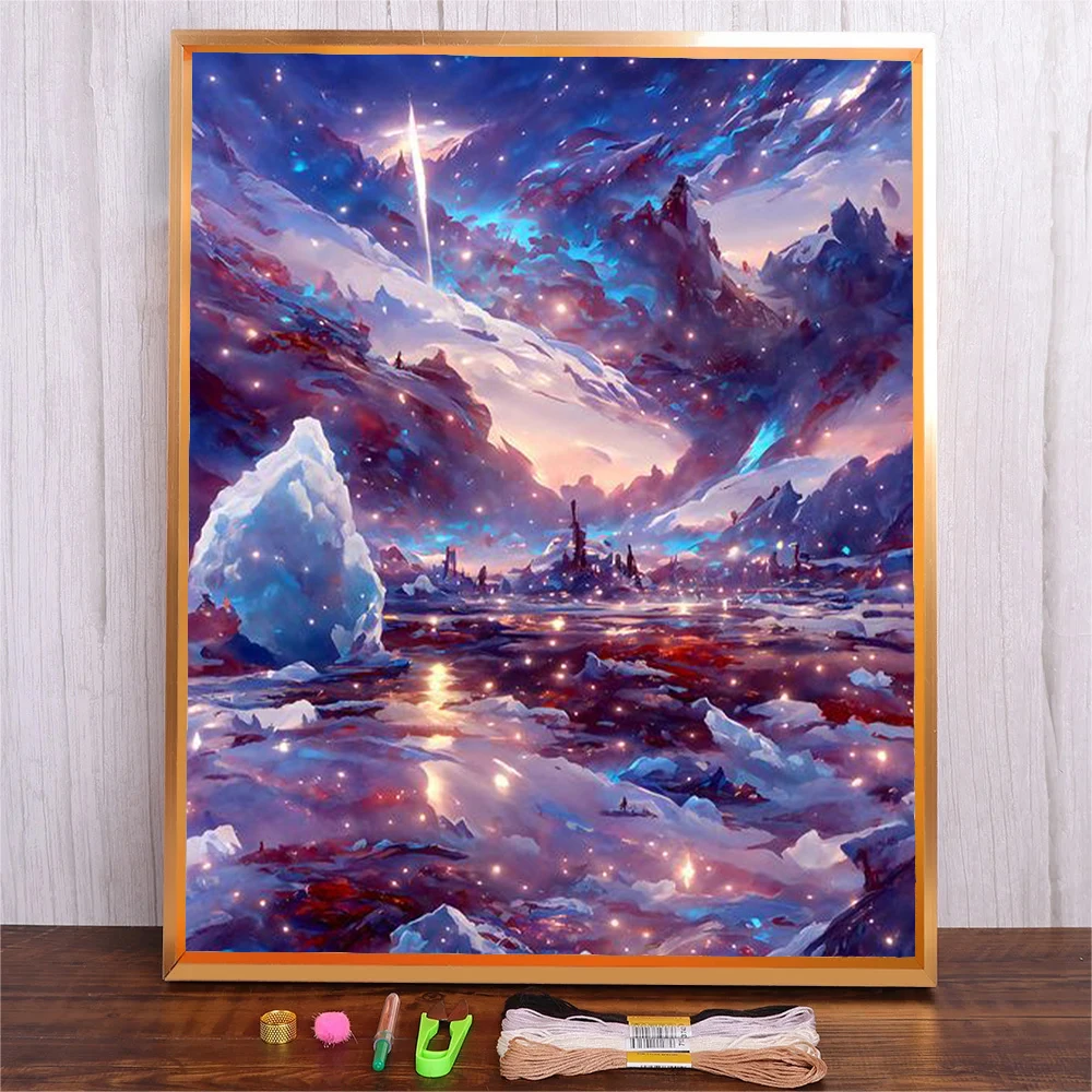 Beginner Embroidery Kit Cartoon Starry Sky Pattern Cross Stitch Kits Landscape Embroidery Cloth With Multicolor Color Threads