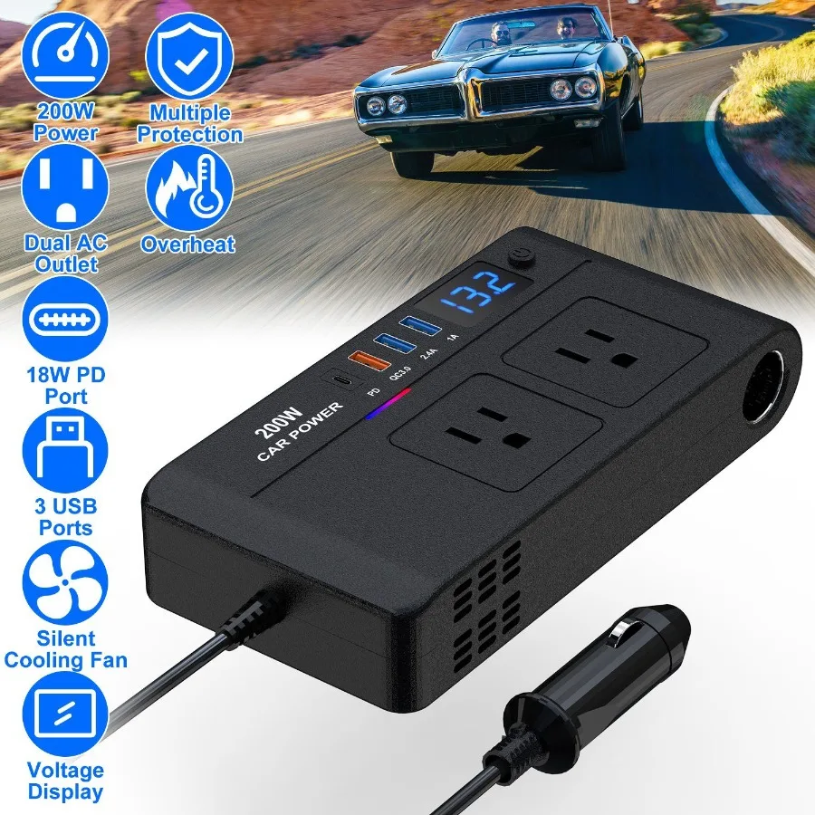 

200W 12V Car Inverter DC12V to AC110V Vehicle Power Converter with 2 110V AC Outlets 1 TypeC 3 USB Ports Quick Charge Overheat
