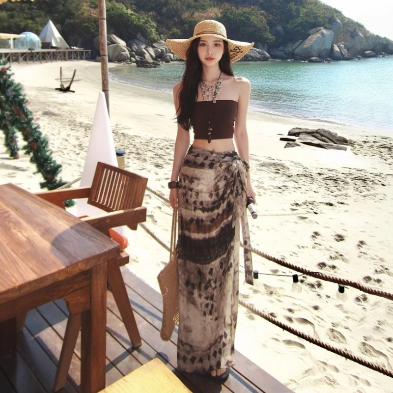 Women 3 Piece Tie Dye Strapless Bikini Set Irregular Wrap Skirt Summer Thailand Sanya Beach Vacation Tummy Control Slim Swimwear