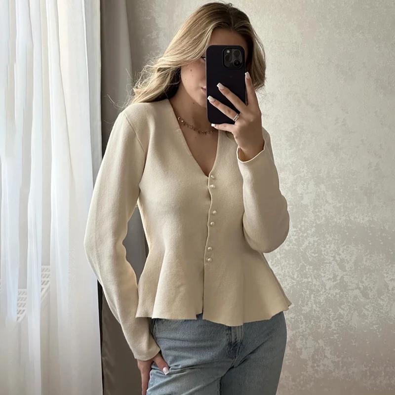 Tornova طويلة الأكمام لوتس ليف سوينغ سترة مشغولة من الصوف المرأة الصلبة الخامس الرقبة ضئيلة واحدة الصدر أنيقة متماسكة سترة معطف الإناث #2