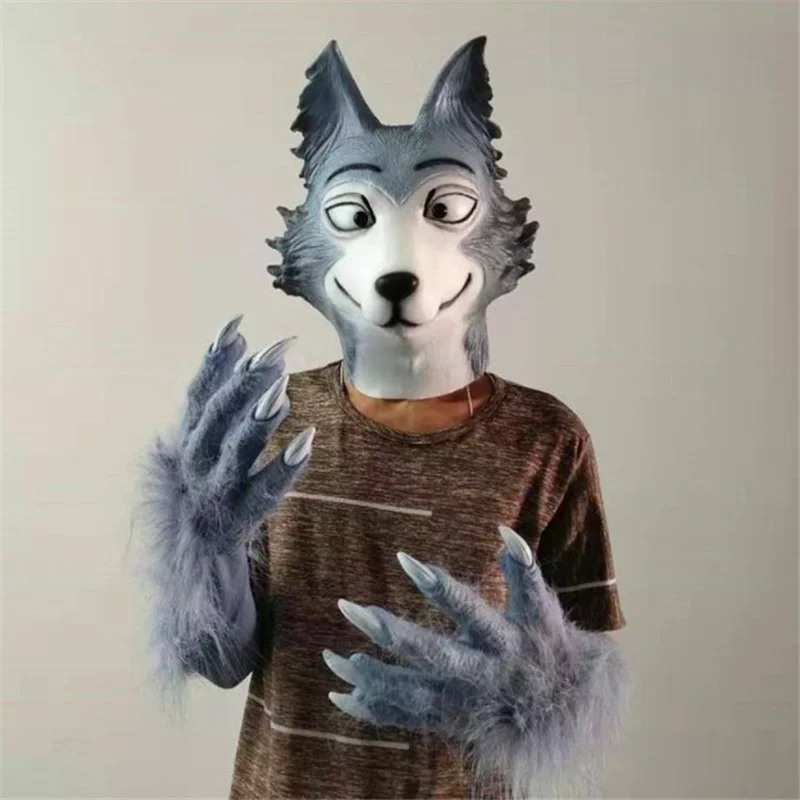 

Halloween Headgear Grey Wolf Fursuit Set with Plush Tail and Paws Dog Show Acting New Cosplay Set