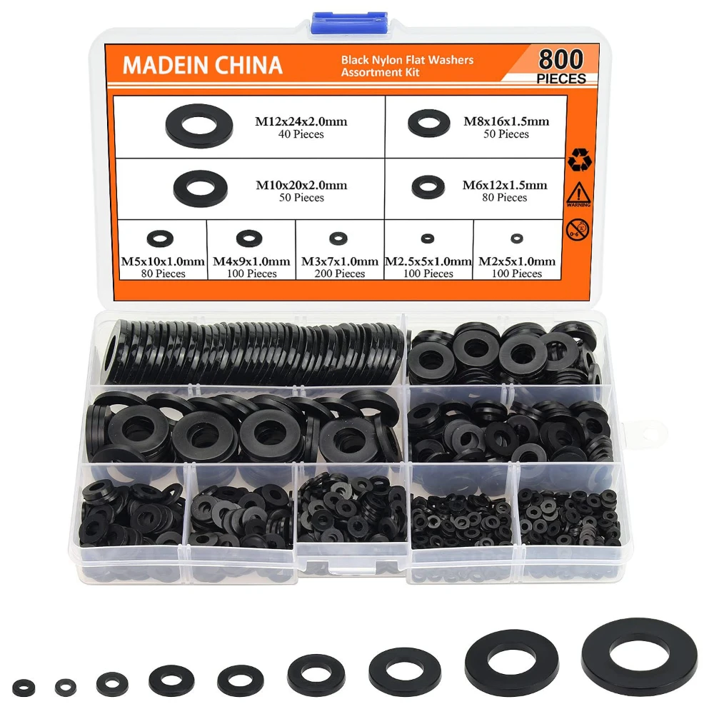 

800pcs Black Nylon Flat Gasket Assortment Kit PA66 Flat Gaskets M2 M2.5 M3 M4 M5 M6 M8 M10 M12 9 Sizes Flat Washer Gaskets