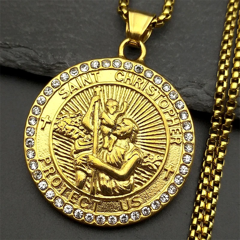 ST.Christopher حمايةنا ميدالية أحجار الراين قلادة سانت كريستوفر الفولاذ المقاوم للصدأ الذهب اللون القلائد المسيحية المجوهرات