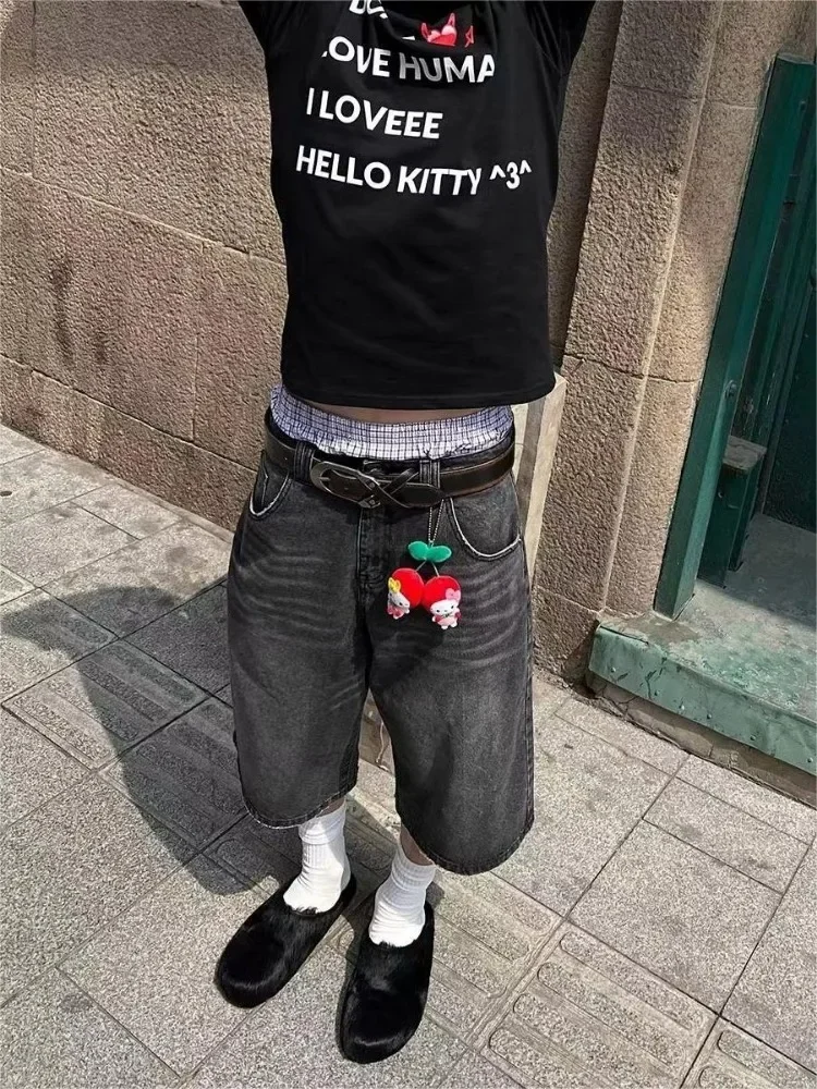 هوتشو Y2k خمر السراويل السوداء امرأة فضفاض Harajuku شورت جينز كبير الحجم الشارع الشهير الكورية نمط عالية النار الدنيم السراويل الصيف