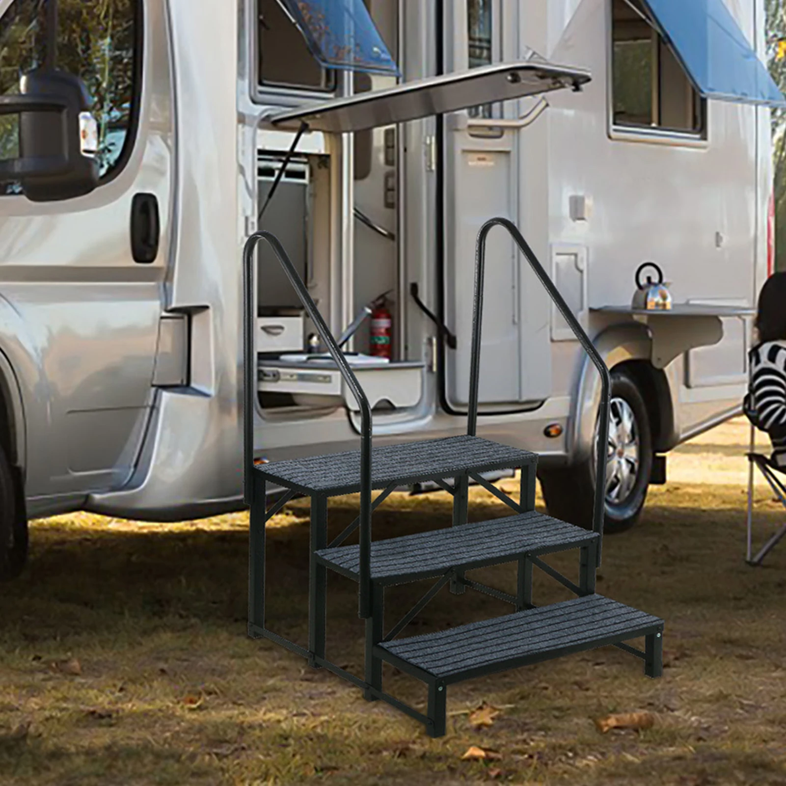Pasos para vehículos recreativos con pasamanos, escalones para jacuzzi de 3 escalones, escaleras móviles resistentes para el hogar de 440 libras con pasamanos para spa, porche, remolque de viaje, mascotas