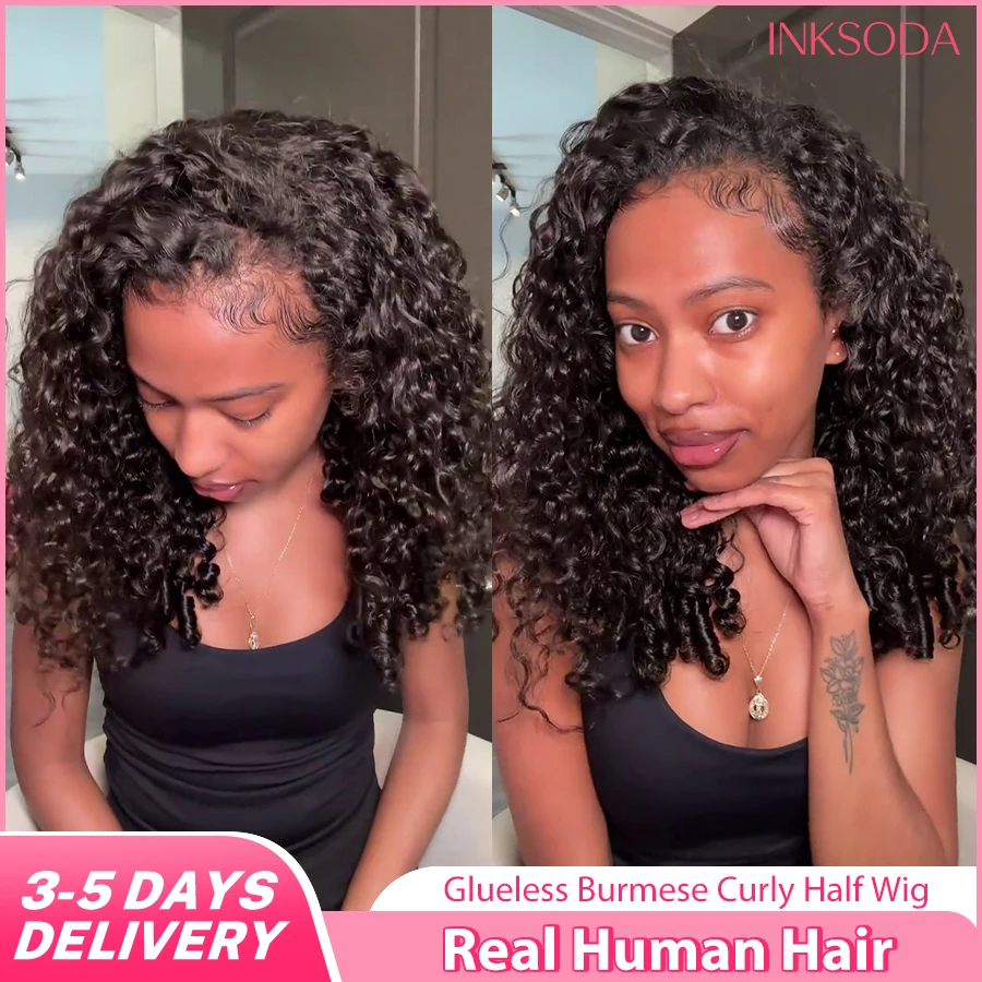

3 In 1 Half Wig Human Hair 12A Burmese Pixie Curly Human Hair Wig Flip Over Wig With Drawstring Curly Wig Invisible Hairline