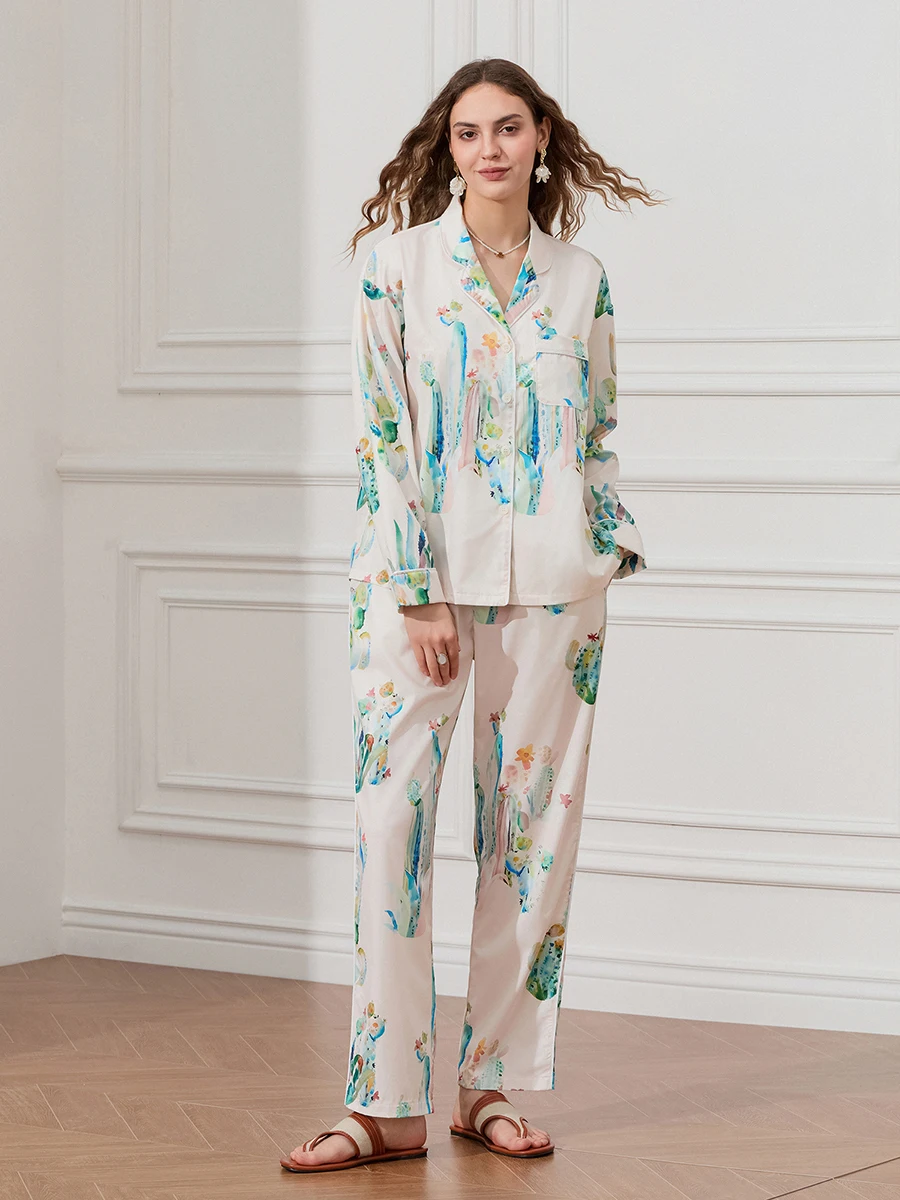 Women Fall 2pcs Pajama Set Cactus Print Long Sleeve Button Closure Shirt with Pants Sleepwear Loungewear