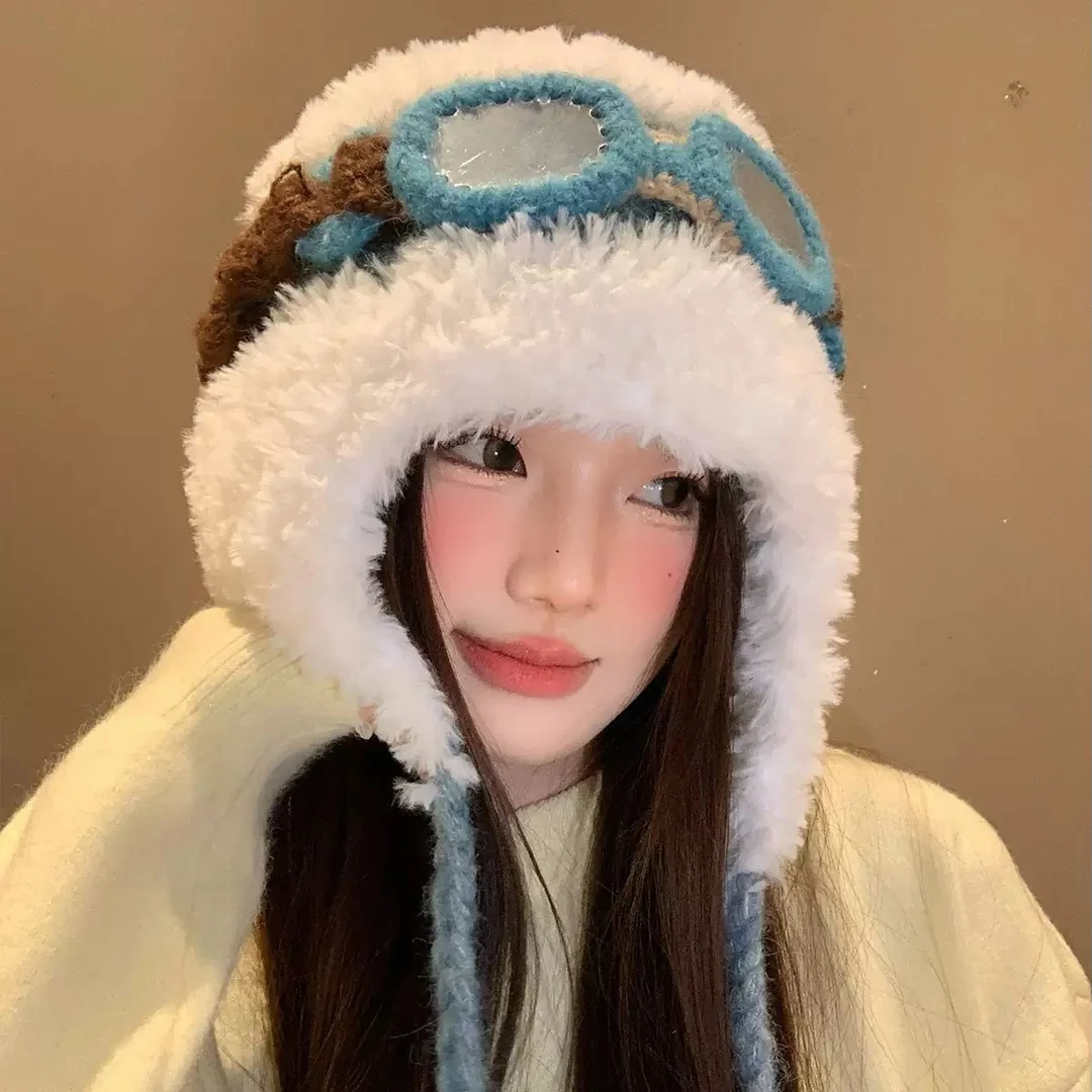 

Autumn Winter Furry Cute Glasses Flying Hat Men Skiing Cycling Versatile Warm Ear Protection Knitted Pullover Hats Women Beanie