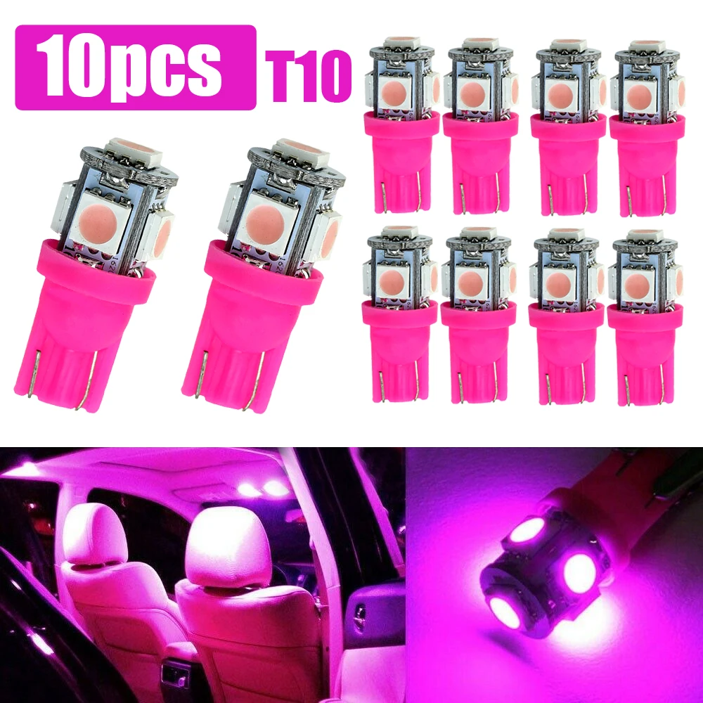 

10pcs Pink Purple T10 158 192 194 168 W5W 5050 SMD 5 LED Car Wedge Tail Side Lights Lamp Bulb Dome License Map Light Accessories