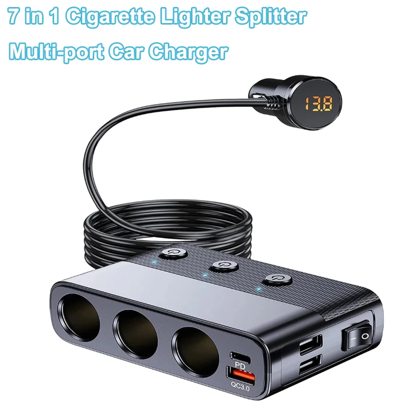 7-in-1 128W Car USB Charger Dual Port+QC 3.0+Type-C PD 30W, 12V/24V Cigarette Lighter Splitter with Independent Switches