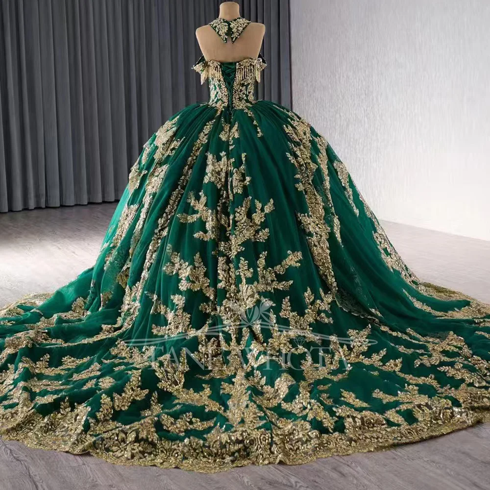 Luxury Green Customizable Evening Dress Halter Off The Shoulder Lace Up Back Beaded Sequined Vestidos De Noite