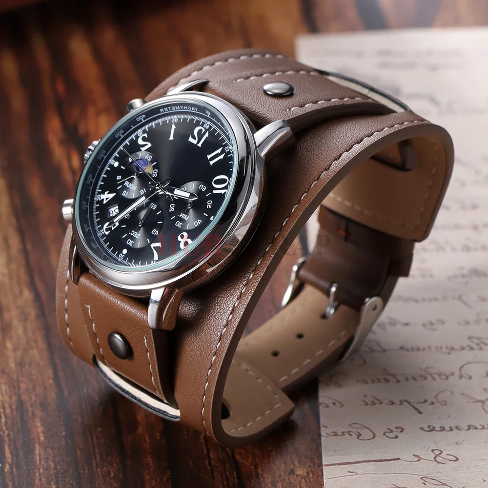 Мужской ремешок для часов Bund, 20 22, 24 мм, ремешок для часов из искусственной кожи, браслет-манжета, темно-коричневый, черный, светло-коричневый цвет, ремешок для часов