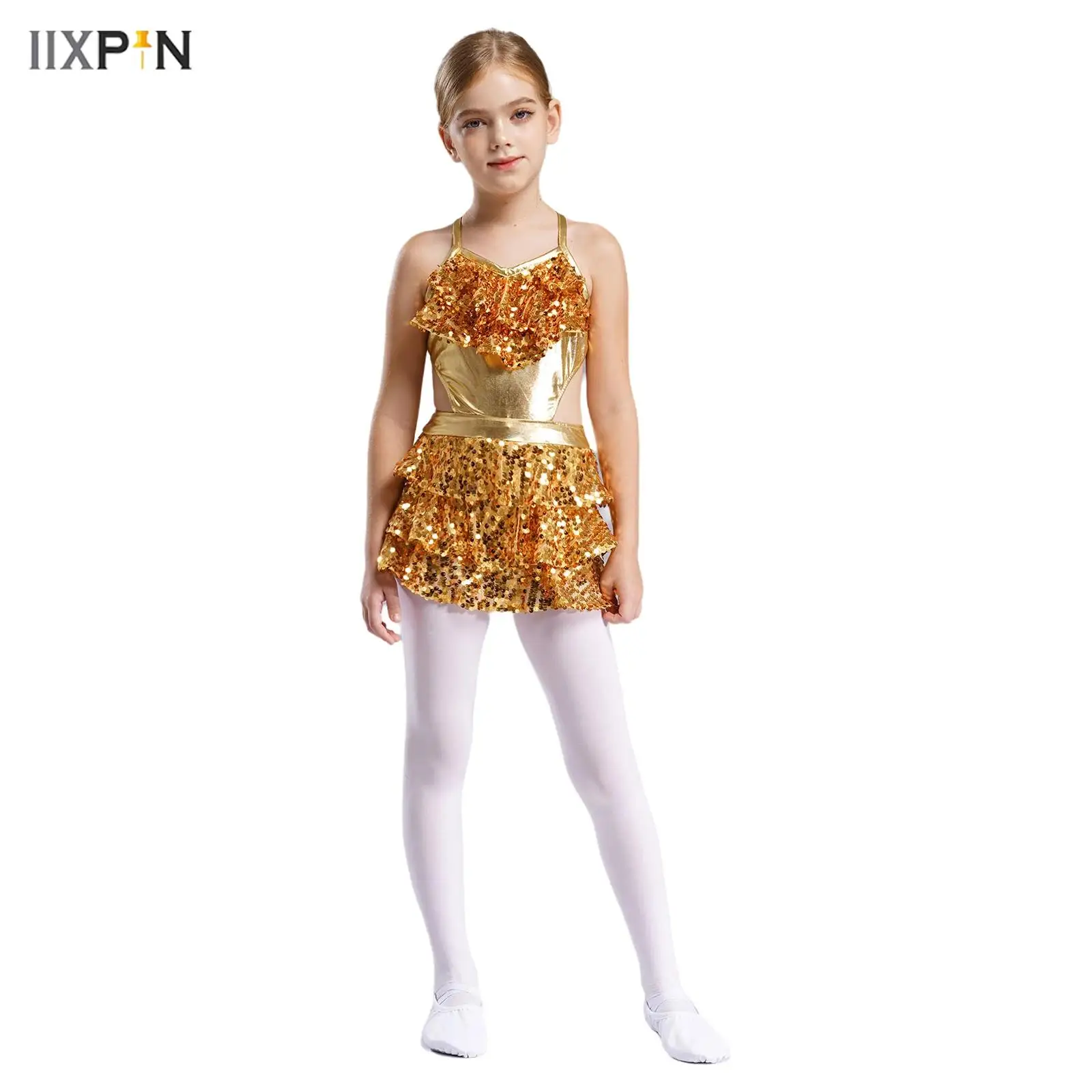 

Kids Girls Tiered Ruffle Sequins Jazz Latin Dance Dresses V Neck Sleeveless Cutout Metallic Jumpsuit Stage Performance Costume