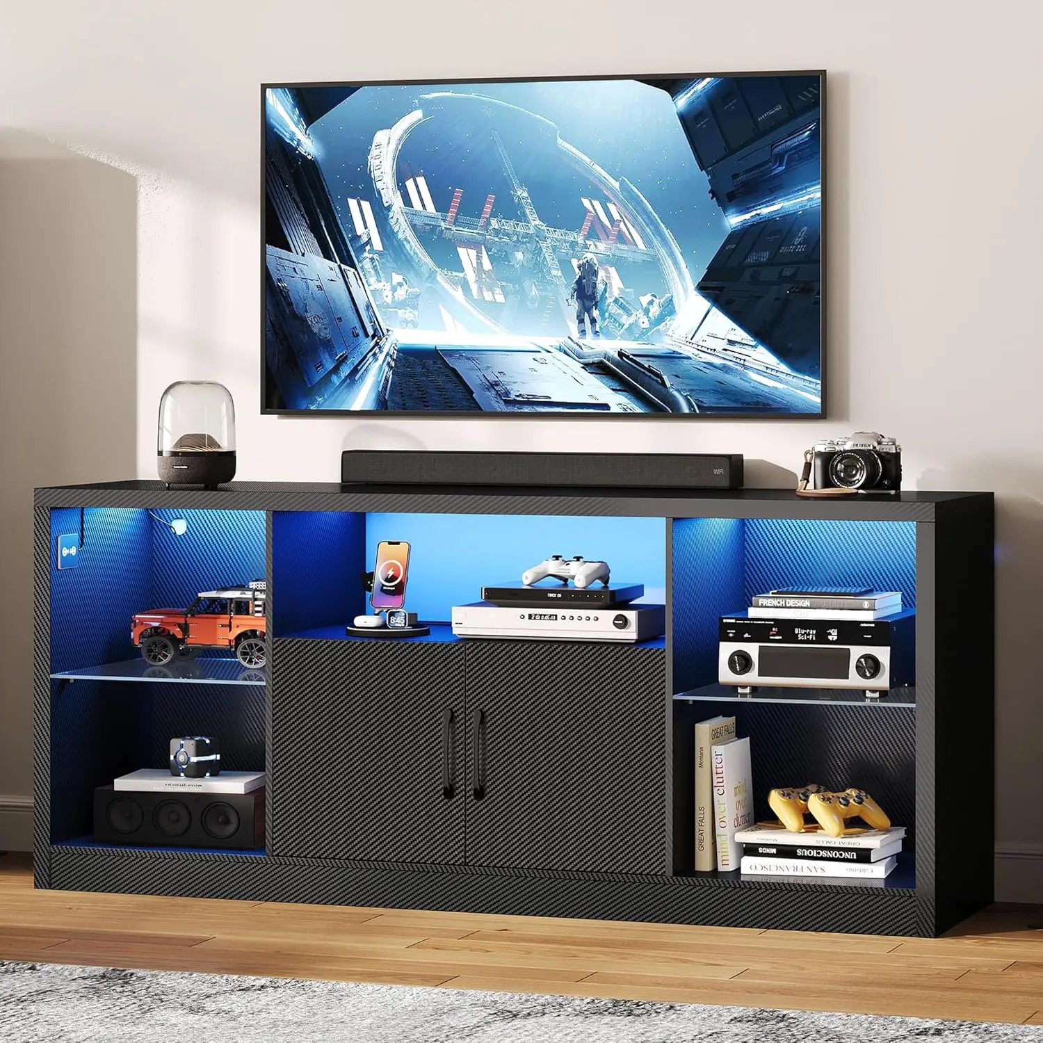 

Подставка для телевизоров с диагональю 65 дюймов с розеткой и светодиодной подсветкой, развлекательный центр из углеродного волокна с шкафами для хранения, регулируемая по высоте.