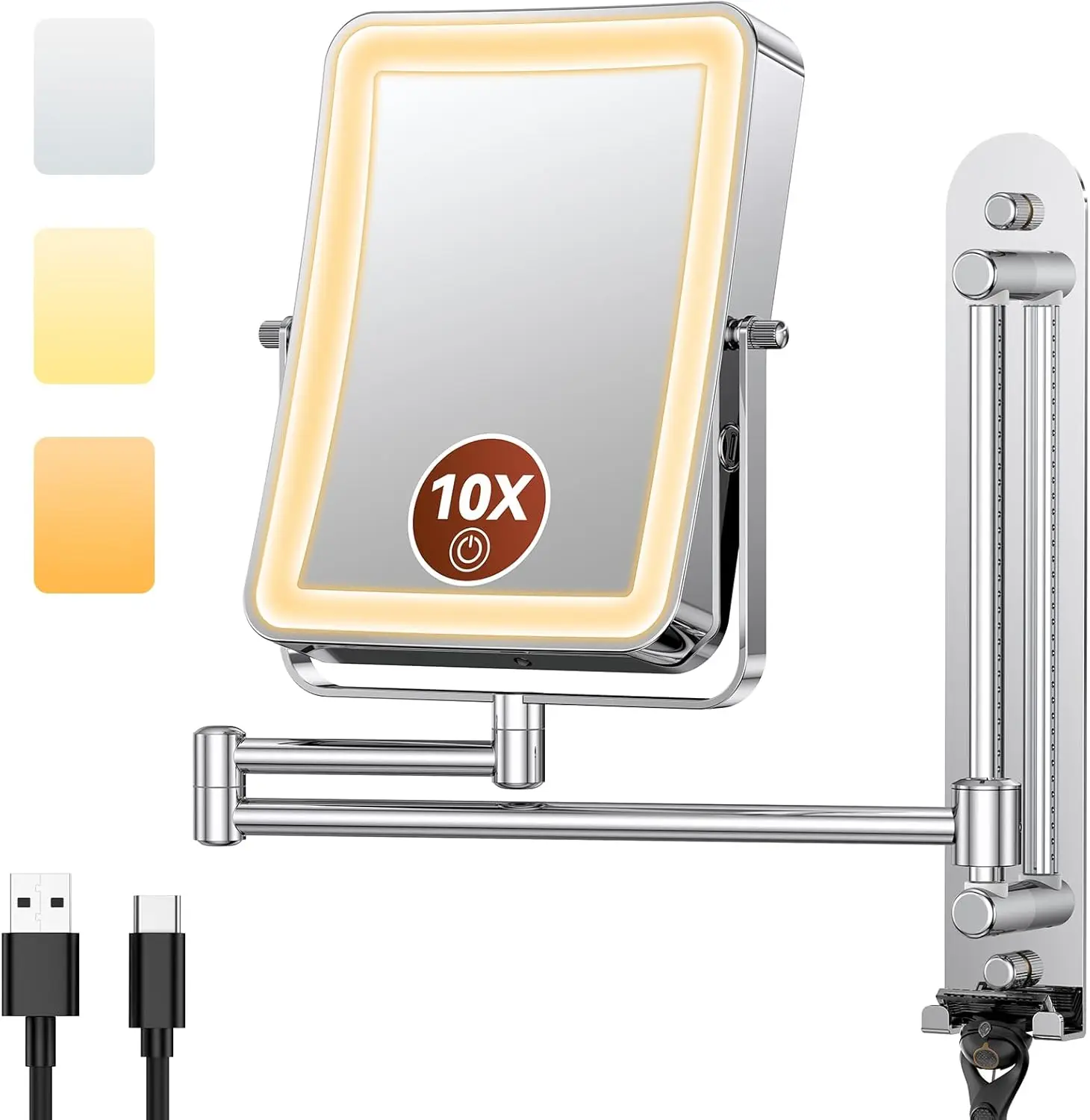 

Регулируемое настенное LED-зеркало для макияжа с 10-кратным увеличением, перезаряжаемое, с гибким кронштейном, для ванной комнаты