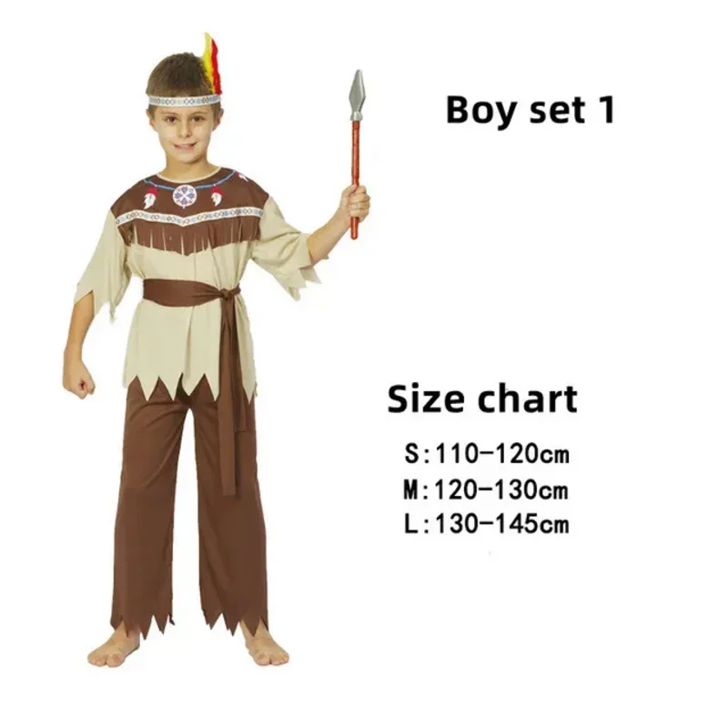 New Arrival Halloween Kids Aboriginal Indian Primitive Party Cosplay Costume Boys Girls Leopard Viking Savage Robes Dress Stage