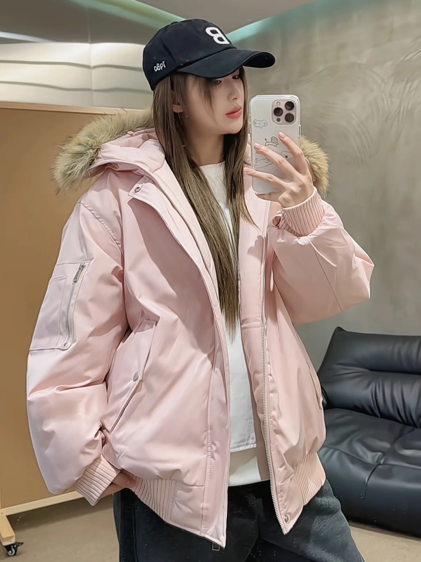 

Розовая стеганая хлопковая рабочая куртка для пар с большим меховым воротником, зимнее пальто с короткими рукавами