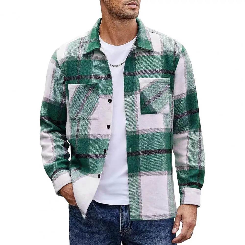 Lapel Long Sleeve Shirt Jacket Men Vintage Shirt Jacket Men\'s Plaid Print Shirt Coat Autumn Winter Lapel Long Sleeve Jacket