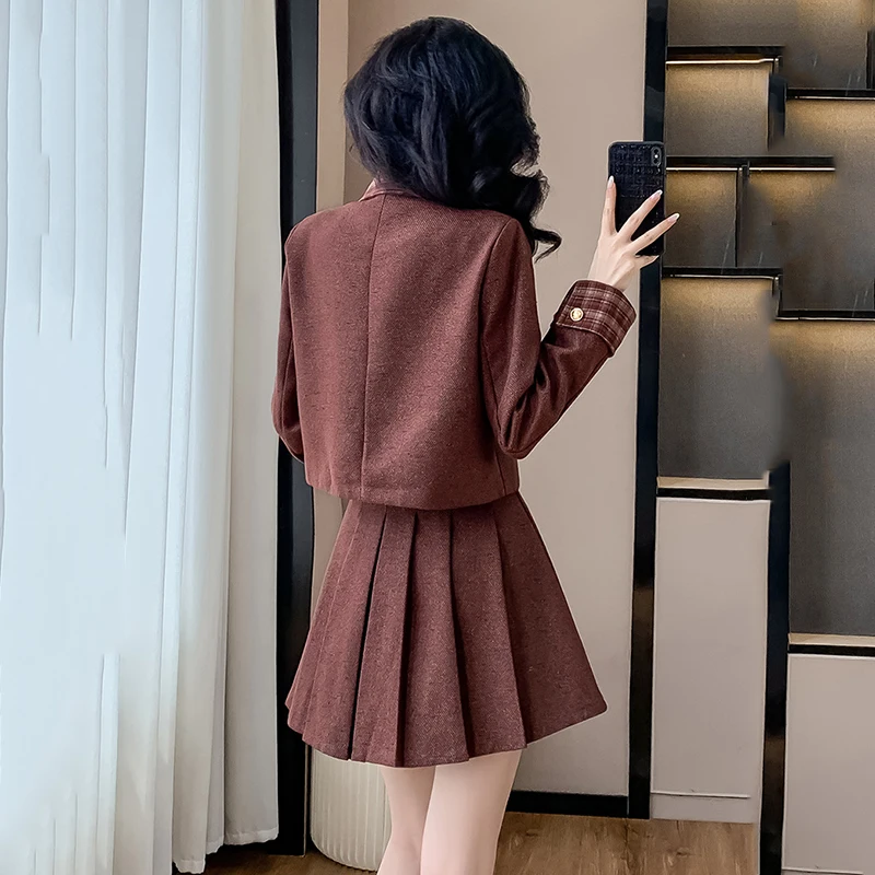 Spring Autumn Splicing Lattice Two Piece Set Women Single Breasted Pocket Jacket+High Waist Fold Mini Skirt Suit Female Outfit