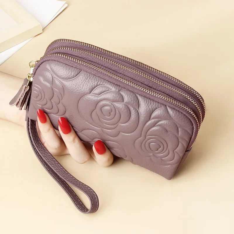 

Vintage Floral Clutch Purses Genuine Leather Three Layered Zipper Wallet Female Mobile Phone Purse Wristlet Wallet