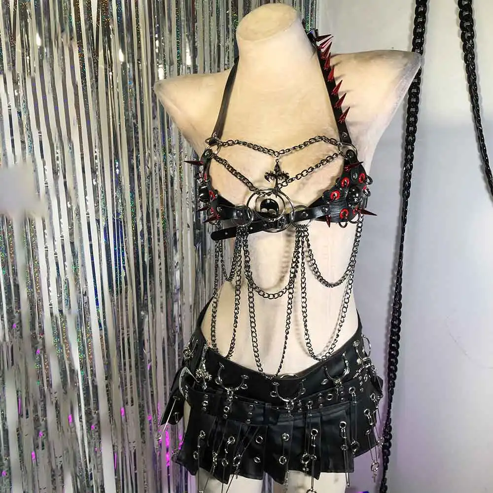 Goth Gothic Harnesses Tank Emo Digital Punk Rock Studded 90s Teen Eco E-Girls Hand Made Kawaii Grunge DIY Y2K Vegan Leather TOPS