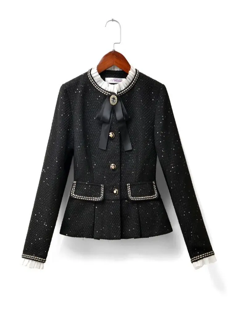 Women Elegant Chic Formal Occasion Suit Jacke Coat Top And Skirt Two Piece Set Outfit Winter Jacquard Vintage Tweed Clothing