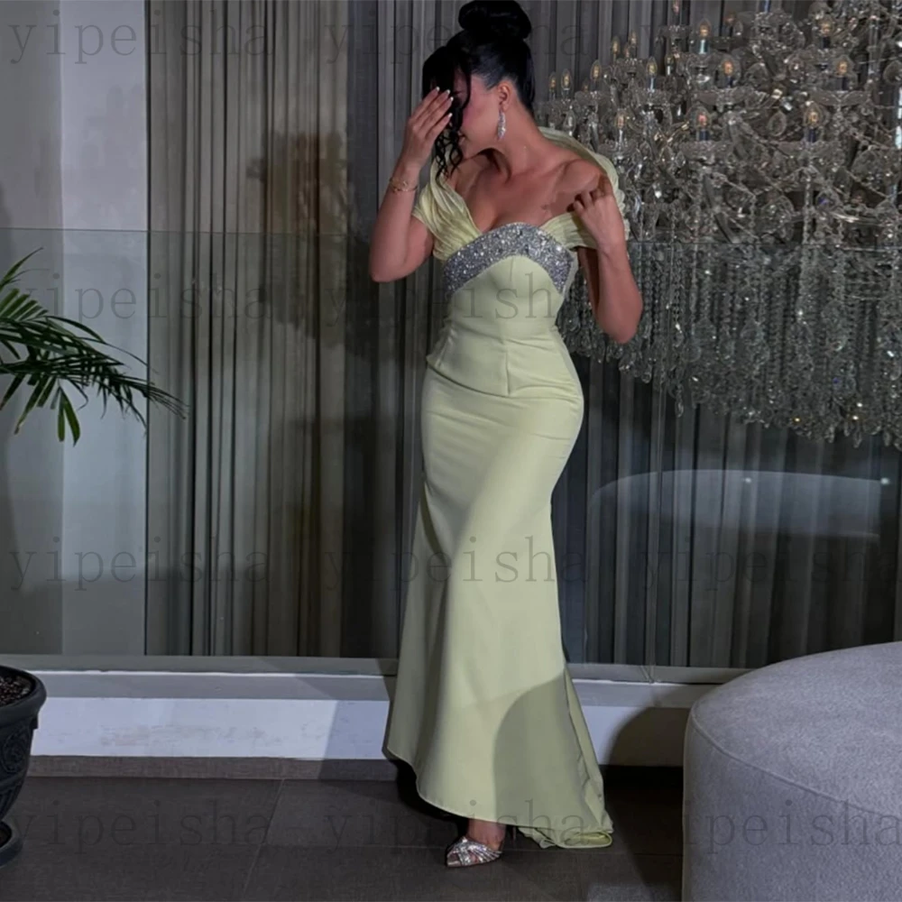 Vestidos de Noche de novia personalizados con hombros descubiertos, vestido de fiesta de sirena plisado con cuentas y lentejuelas, vestido de fiesta largo con tren de barrido