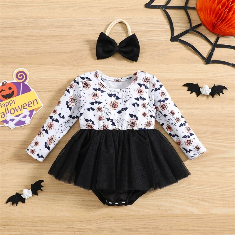 

Infant Baby Girls Halloween Romper Dress Ghost&Bat Pattern Long Sleeve Jumpsuit + Bow Headband