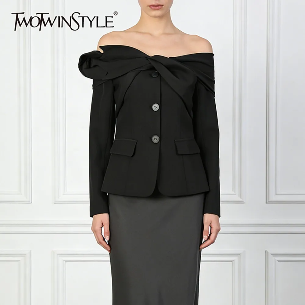 

TWOTWINSTYLE Black Spliced Folds Luxury Jacket Female Slash Neck Long Sleeve Slimming Elegant Design Women's Jackets Fashion New